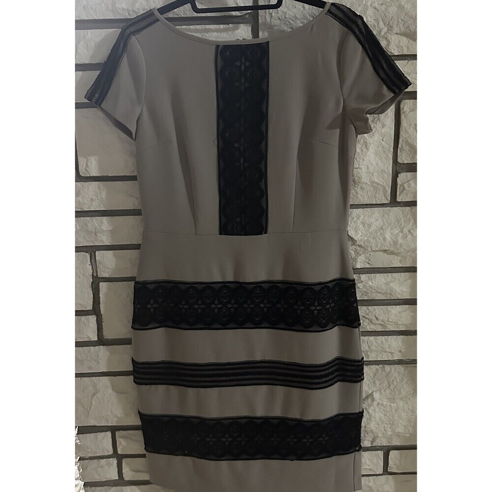 London Times Women's Dress Sz 10 Tan With Black Lace Sheath Dress Career Classic